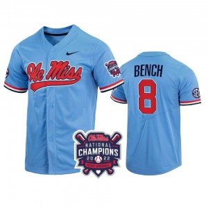 Men's Ole Miss Rebels College World Series Blue Justin Bench #8 2022 Champions NCAA Baseball Jersey 343019-206