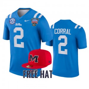 Men's Ole Miss Rebels College Football Blue Matt Corral #2 2022 Sugar Bowl Free Hat Jersey 113065-337