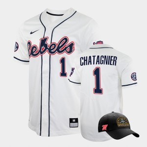 Men's Ole Miss Rebels College World Series White Peyton Chatagnier #1 2022 Champions Free Hat Jersey 714621-152